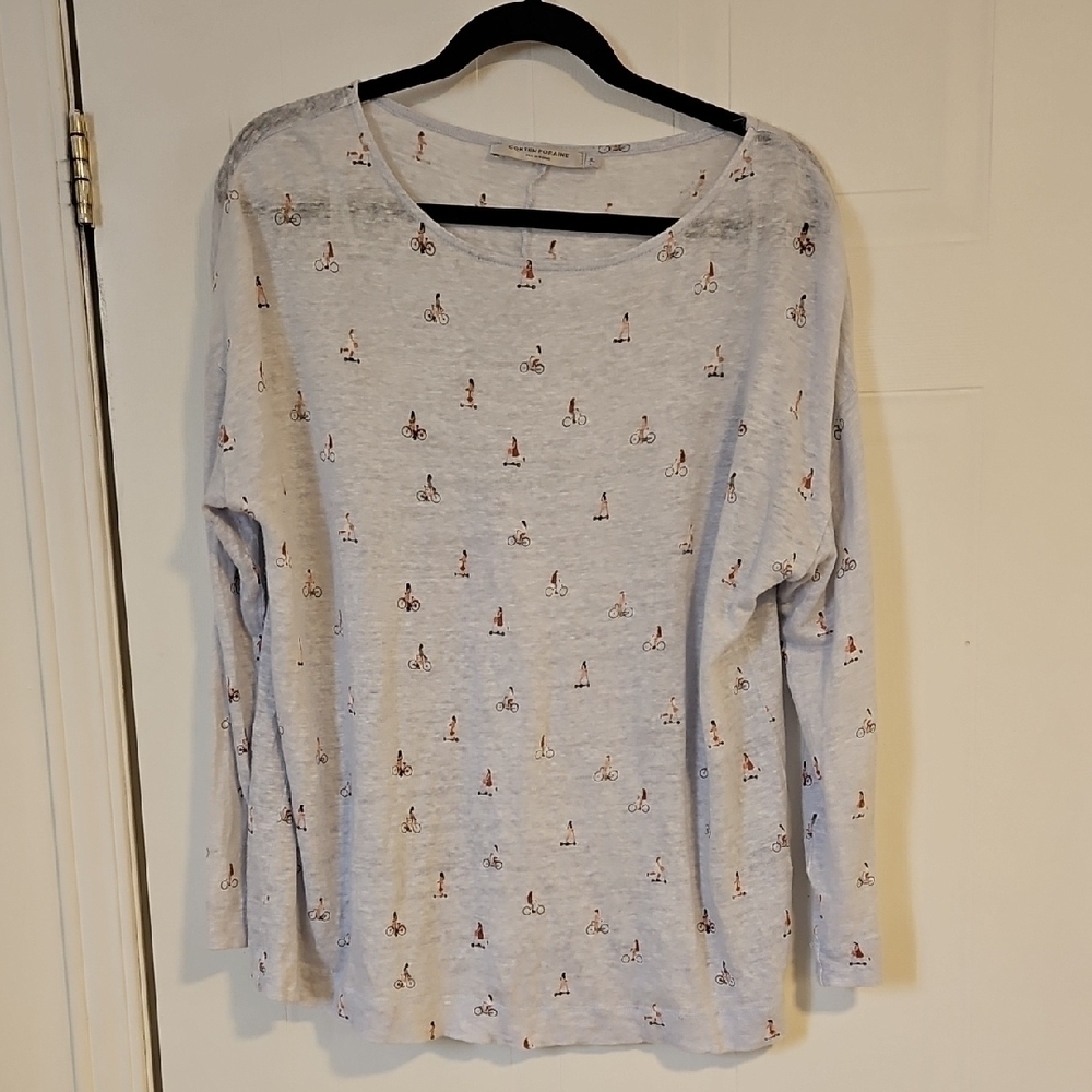 Womens Large 100% linen Graphic Tee Crew Neck Long Sleeve Shirt light blue